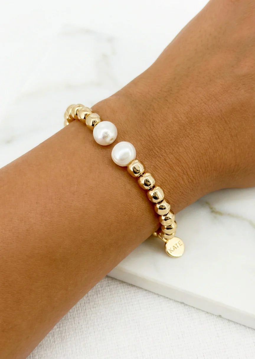 Gold beaded bangle with pearl detail