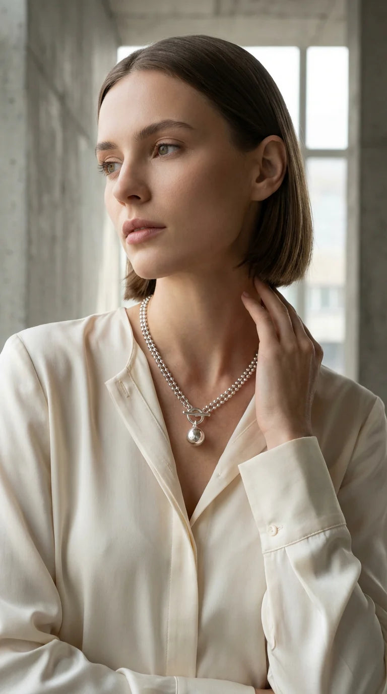 Short double T-bar necklace with T-bar and ball pendant