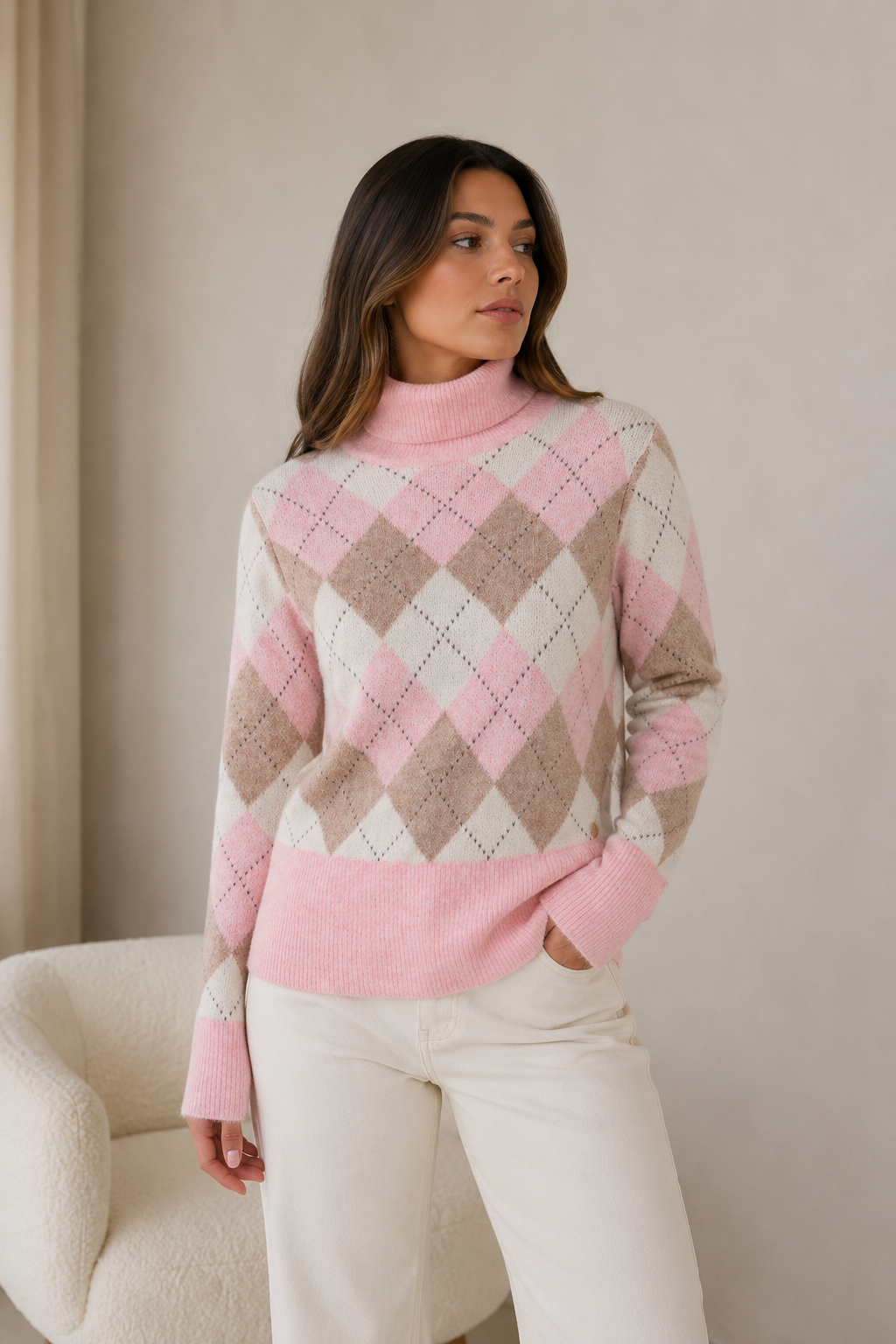 Pink & Beige Argyle Roll Neck Jumper