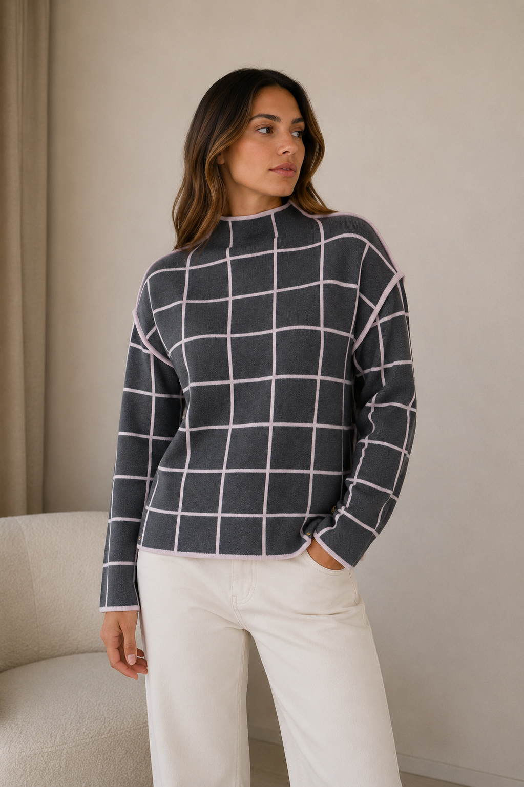 Grey & Pink Check Knit Jumper