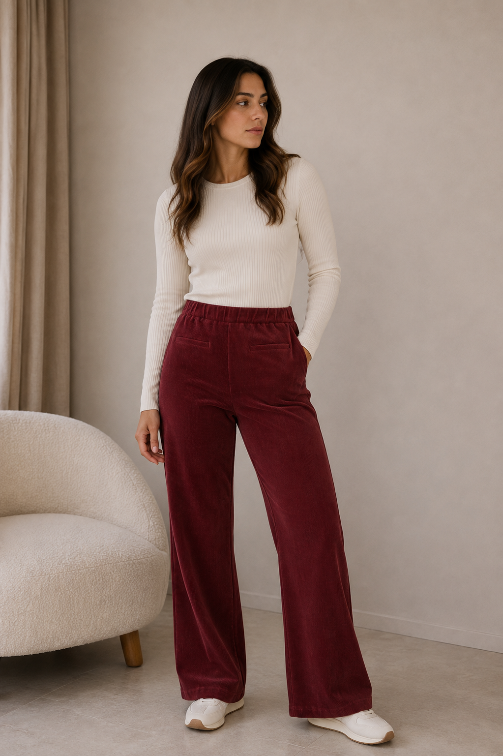 Burgundy Corduroy Wide-Leg Trousers