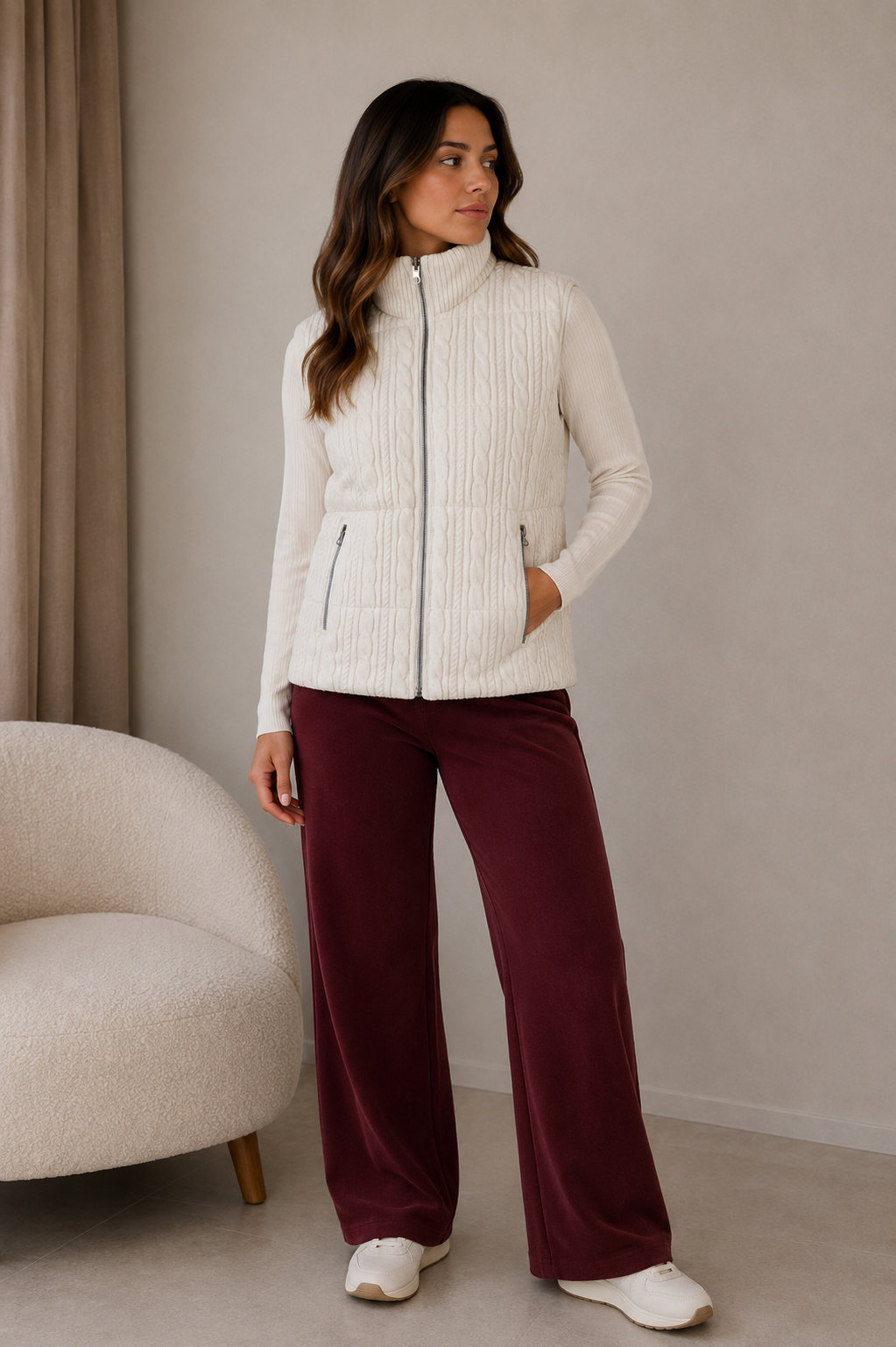A woman stands indoors wearing a cream ribbed zip-front vest over a matching cream top and burgundy wide-leg pants, paired with white sneakers. A curved cream chair and neutral wall are visible in the room.